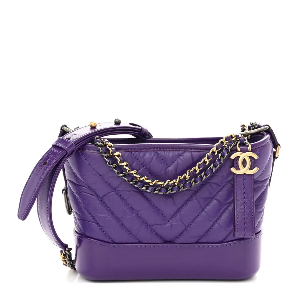 Chanel Chevron Quilted Aged Calfskin Small Gabrielle Hobo Purple Mixed Metal Hardware Best Lushentic Bags