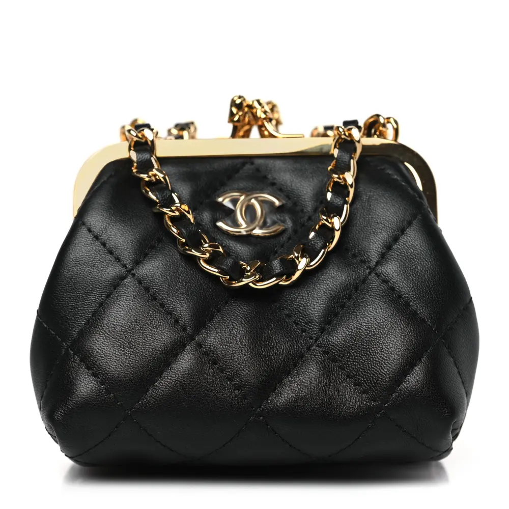Chanel Quilted Lambskin Mini Trio Kiss Lock Clutch With Chain Black Polished Gold Hardware Lushentic Bags