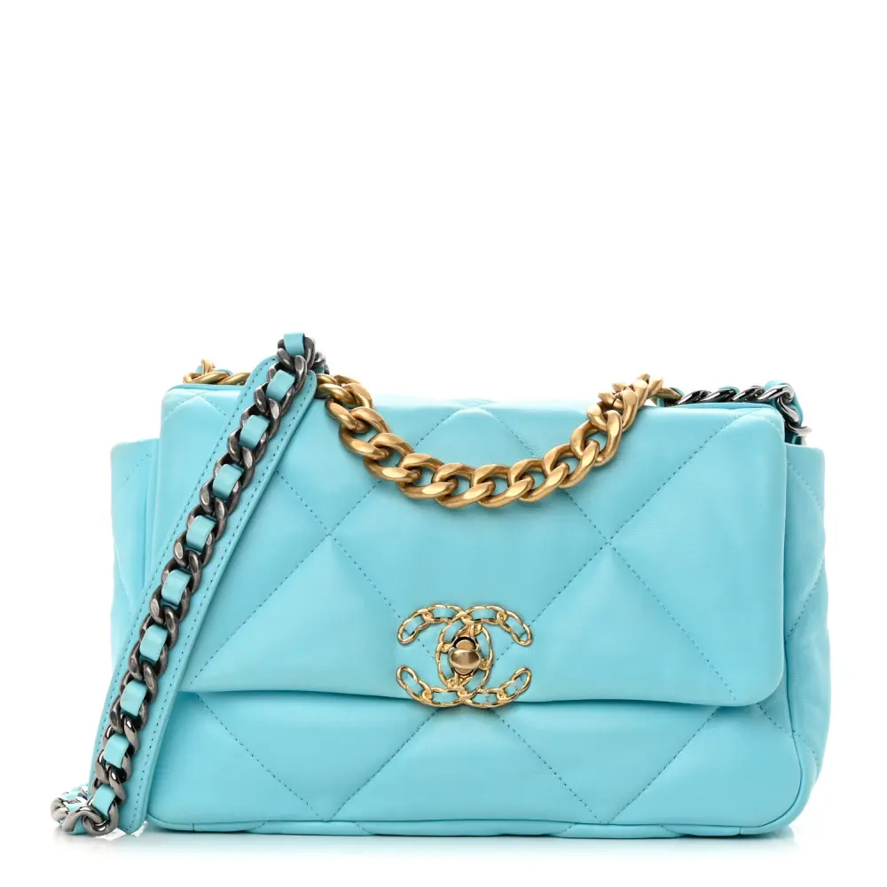 Chanel Quilted Shiny Lambskin Medium Chanel 19 Flap Light Blue Mixed Metal Hardware Lushentic Bags
