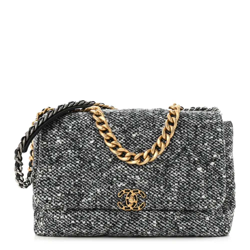 Chanel Quilted Tweed Maxi Chanel 19 Flap Black And White Mixed Metal Hardware Lushentic Bags