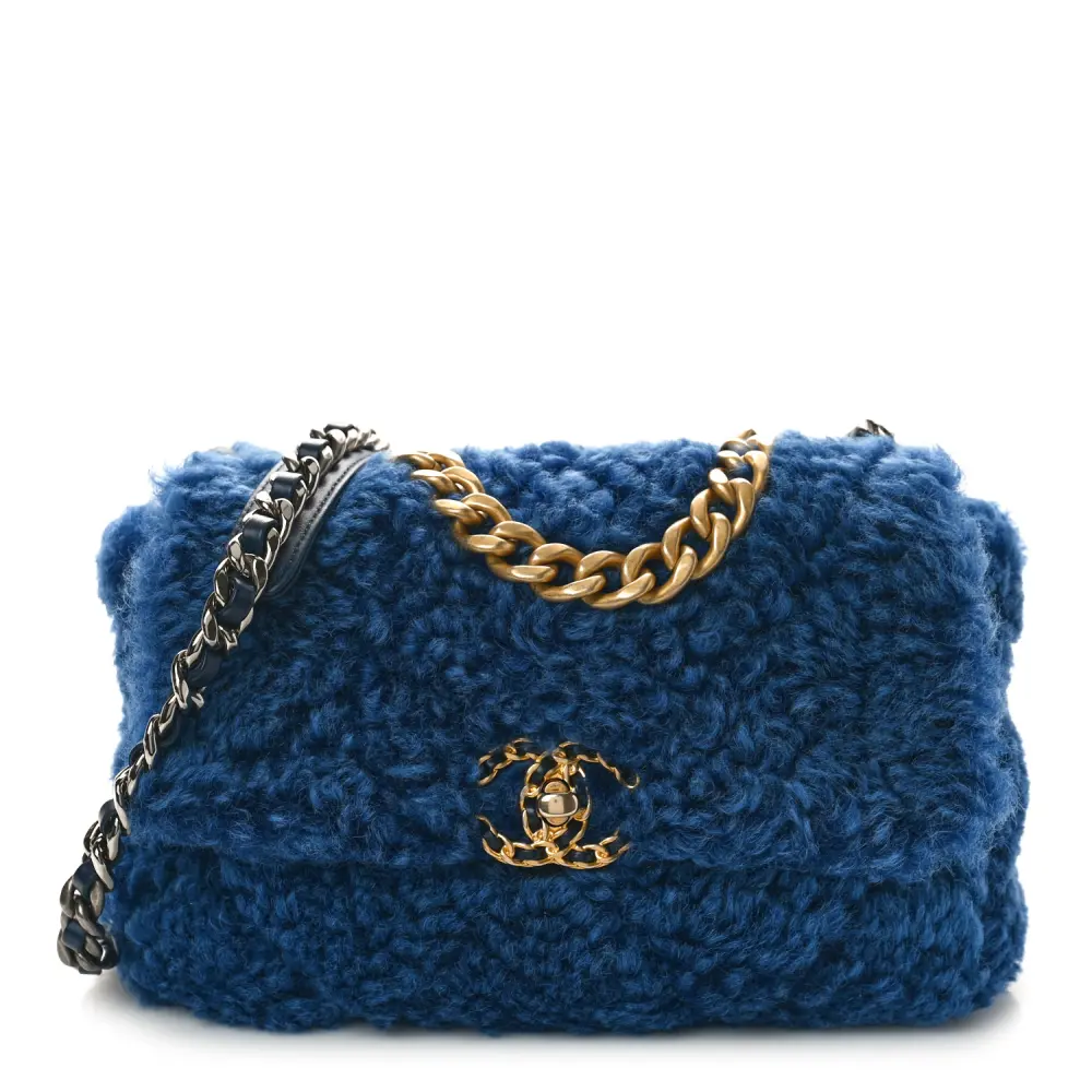 Chanel Shearling Sheepskin Medium Chanel 19 Flap Blue Aged Gold Hardware Quality Replica